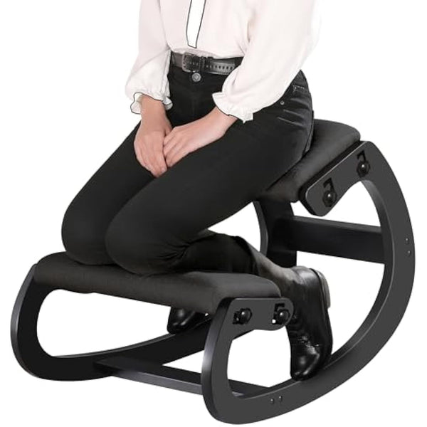 Predawn Adjustable Ergonomic Kneeling Chair – Rocking Posture Stool with Thick Cushion, Solid Wood Frame, Height Adjustable for Adults, Office or Home Meditation Seat for Back Pain Relief (Black)
