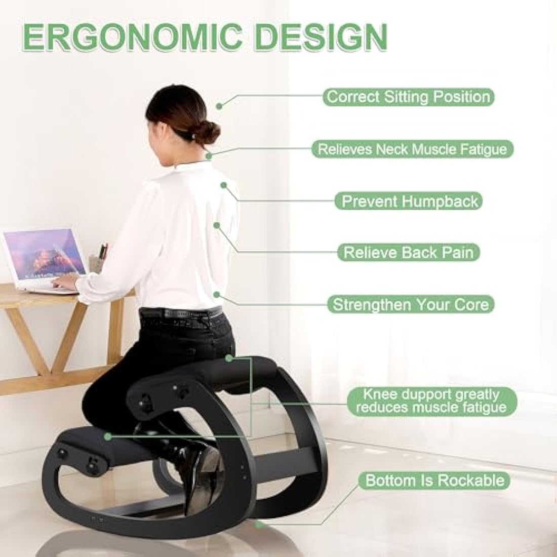 Predawn Adjustable Ergonomic Kneeling Chair – Rocking Posture Stool with Thick Cushion, Solid Wood Frame, Height Adjustable for Adults, Office or Home Meditation Seat for Back Pain Relief (Black)