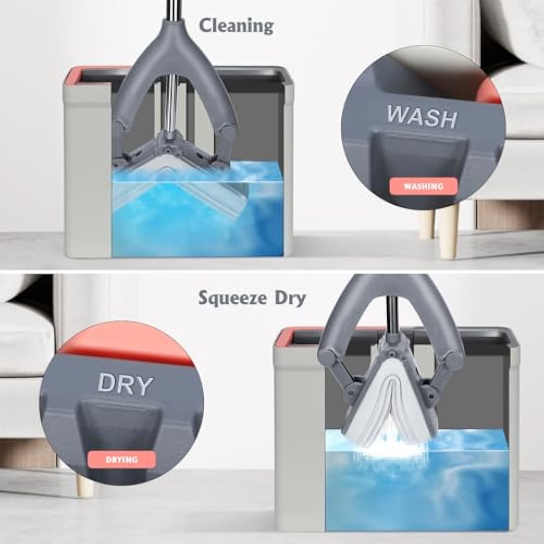 Masthome Sponge Mop and Buckets Sets, Floor Mops with 3pcs Super High Absorption Sponge Heads,Lazy Squeeze Mop Bucket with 135cm Extendable Handle for Laminate, Tile, Hardwood Floor Cleaning