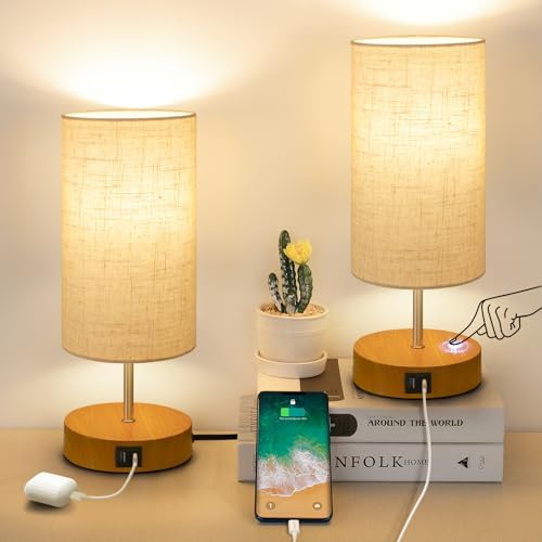 OUTON Bedside Lamps Set of 2 with USB A+C Charging Port, Touch Control Small Table Lamp, Memory Function, Stepless Dimmable Table Lamp for Living Room, Bedroom, 9W LED Bulb Included