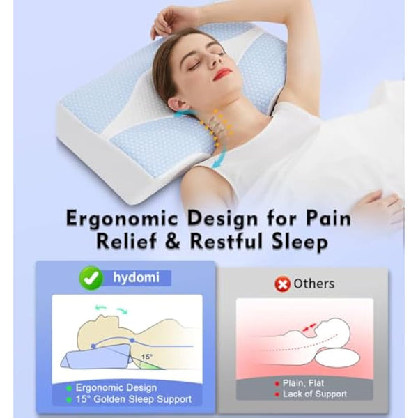 Memory Foam Neck Support Pillow for Neck and Shoulder Pain Sleeping with Cooling Pillowcase: Ergonomic Cervical Pillow 5X Pain Relief - Contour Bed Bolster Pillows for Side Back Stomach Sleepers