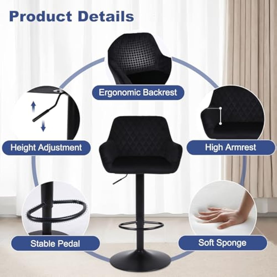 ralex-chair Bar Stools Set of 2, Height Adjustable Velvet Fabric Swivel Barstool Bar Chairs, Breakfast Dining Stools With Backrest and Armrest for Bar, Counter and Kitchen,Black