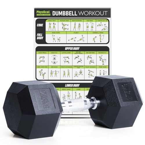 PhysKcal Hex Dumbbells 27.5kg Single, Odourless Poly Rubber Encased Dumbbells Set 2.5KG 5KG 7.5KG 10KG 12.5KG 15KG 20KG Home Gym Weights Set