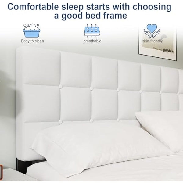 Yocreat Super King Bed Frame, Easy Assembly, Sturdy Wooden Slat Support, Upholstered Platform with Headboard, No Box Spring Needed, White Super King Bed 180×200