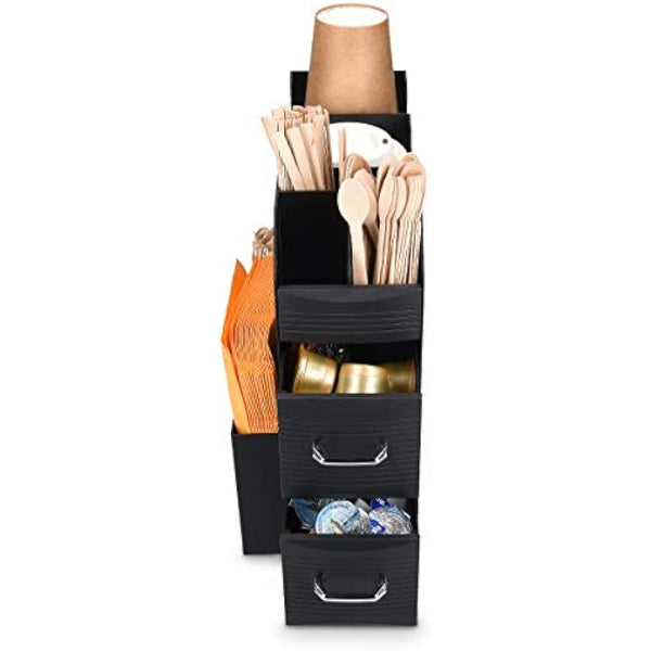 Navaris Coffee Condiment and Accessory Caddy - Coffee and Tea Organiser Station Cup Storage Holder Box Stand with Compartments and 2 Drawers - Black