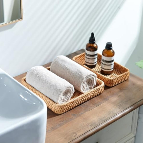 Set of 3, Rattan Serving Tray, Rectangular Wicker Tray, Natural Woven Decorative Serving Baskets for Organizing Tabletop Kitchen Counter