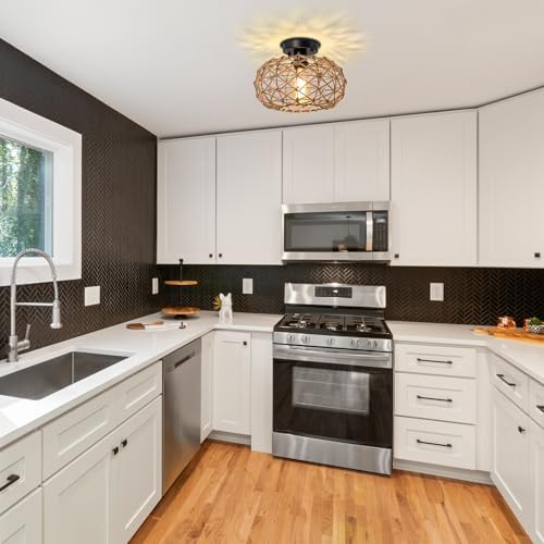 LynPon Boho Ceiling Light Woven Hemp Rope Rattan Cage Wicker Retro Rustic Coastal Semi Flush Mount Light Fixture for Bedroom Hallway Entryway Kitchen