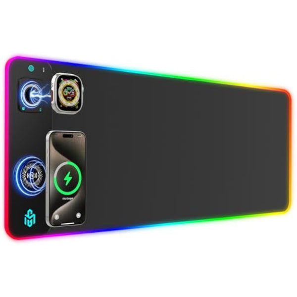 GIM Wireless Charging RGB Gaming Mouse Pad 15W, LED Mouse Mat 800x300x4MM, 10 Light Modes Extra Large Mousepad Non-Slip Rubber Base Computer Keyboard Mat for Gaming (Double Magnetic-Black)