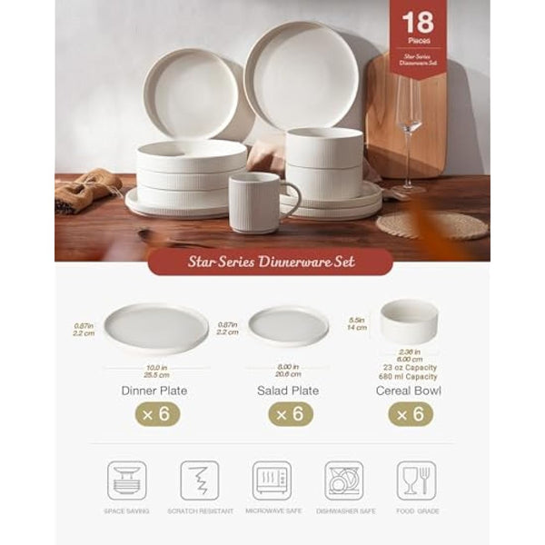 Richmount Star Plates and Bowls Set, 18 Pieces Dinner Sets for 6 People, Stoneware Dinnerware Sets with Dinner Plates/Salad Plate/Cereal Bowls, Dishwasher & Microwave Safe, Matte White