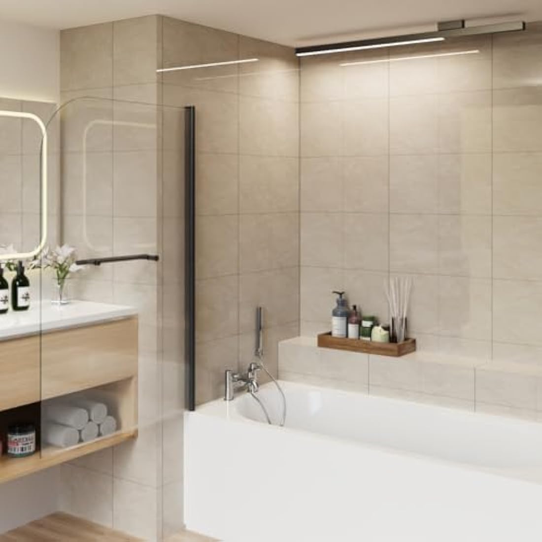 Aquariss 800x1400 Bath Screen Pivot Bath Shower Easy Clean Glass Screen Reversible Door Panel Black with Towel Rail