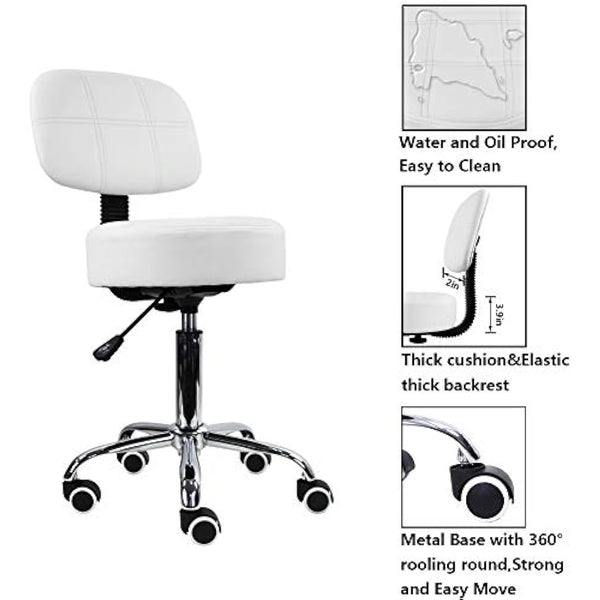 KKTONER Round Rolling Stool with Back PU Leather Height Adjustable Swivel Drafting Work SPA Salon Stools Chair with Wheels (White)