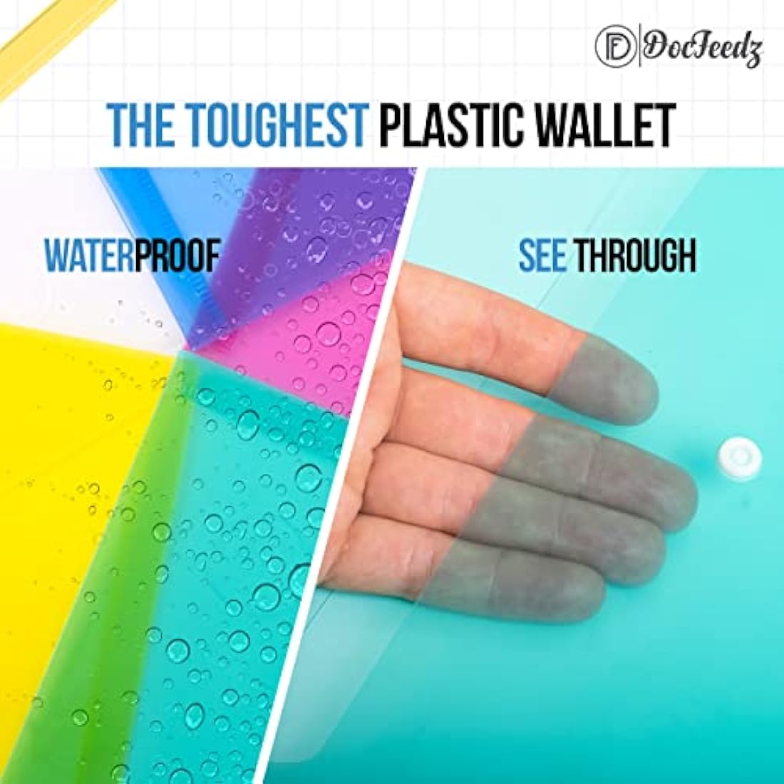DocFeedz Plastic Wallets A4 - Pack of 25 Waterproof Plastic Folders for Documents 33.2 x 23.4 cm - 5 Assorted Colours Popper Wallet A4 with Snap Button and Label for Home, Office, School and Travel
