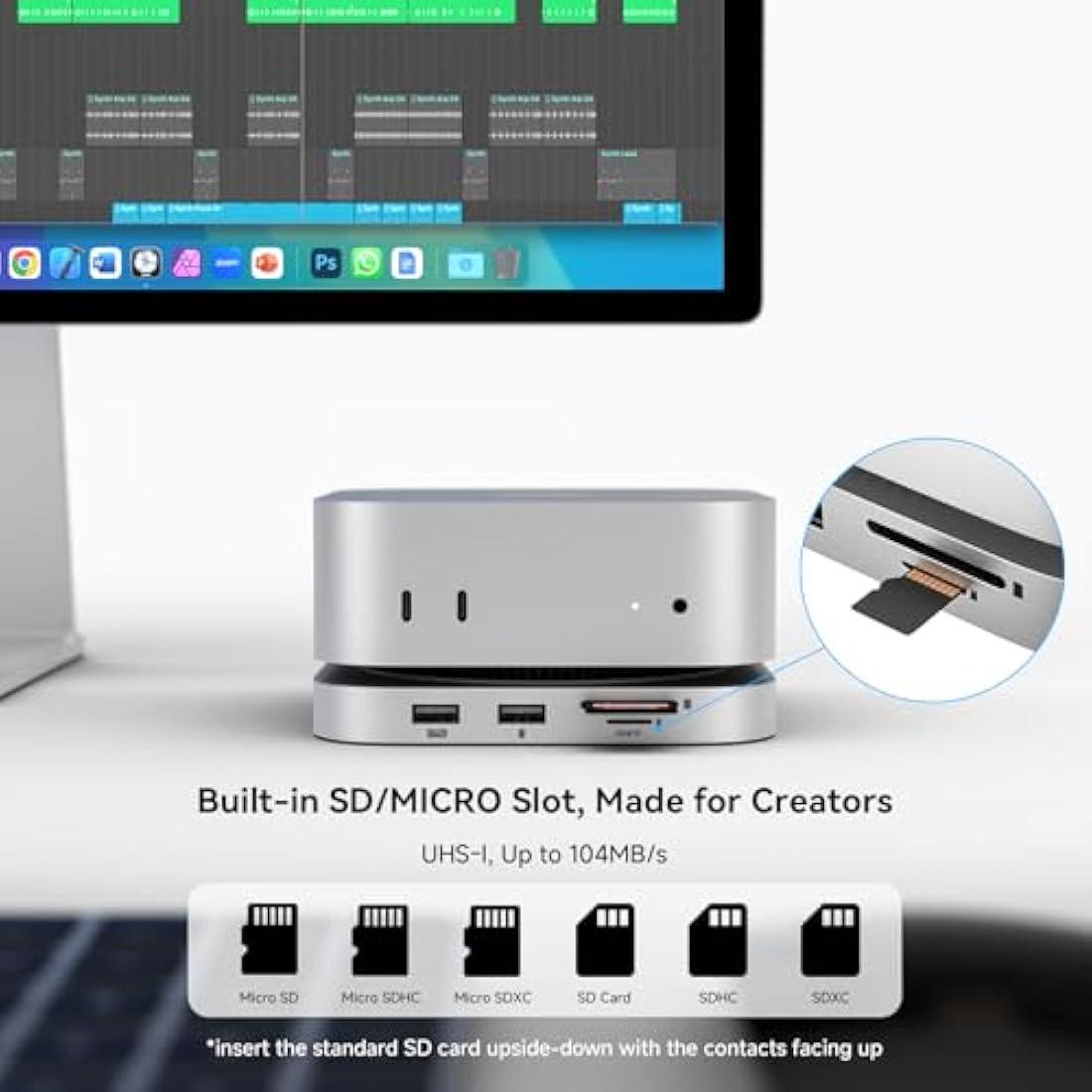 Minisopuru iExpandMate MINI4PRO Mac Mini M4 Dock with 4K@60 HDMI, 4TB M.2 NVMe SSD Enclosure, Mac Mini Hub & Stand for Mac mini M4 and M4 Pro 2024 (TF/SD Solt, 3* USB-A 2.0, Audio) | Silver