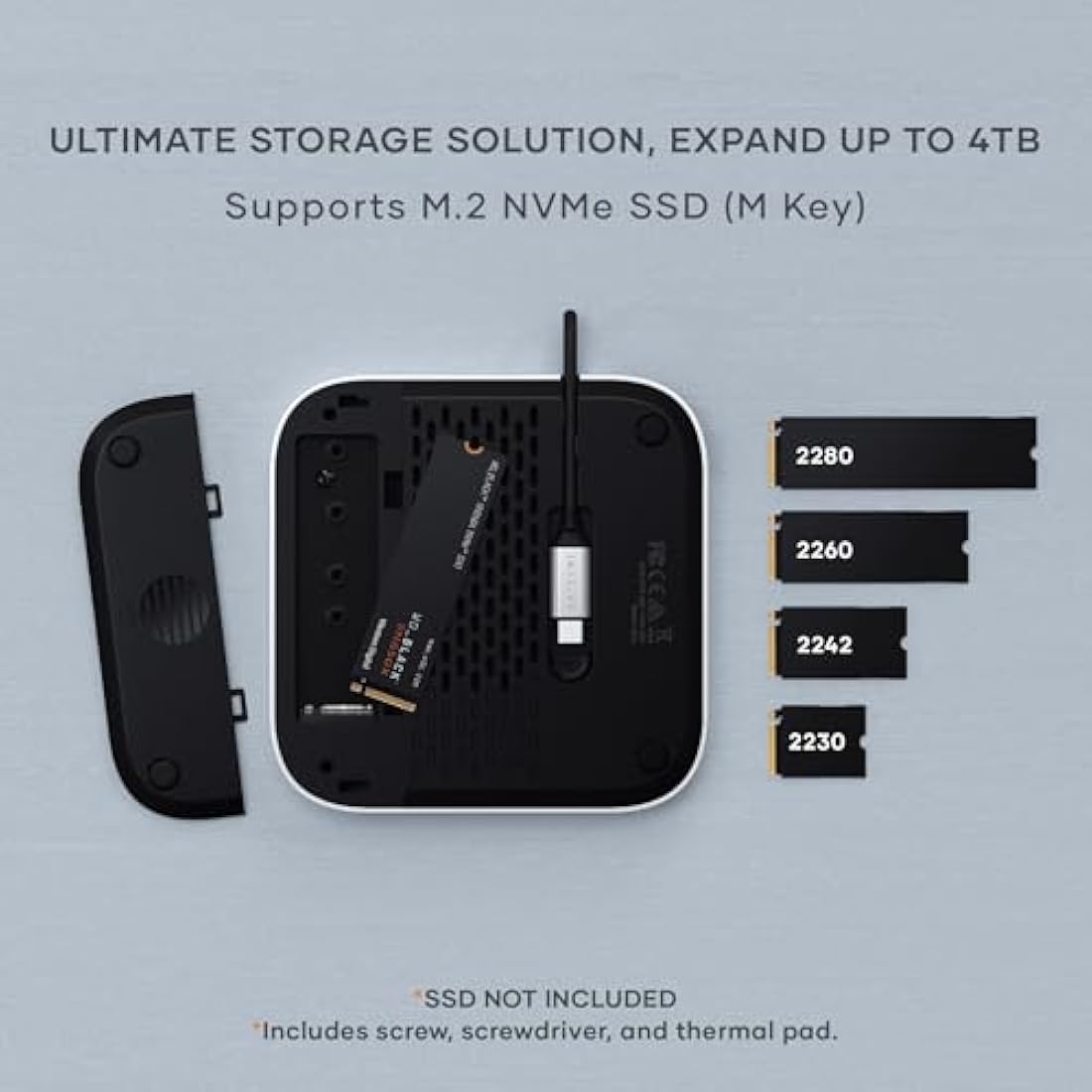 SATECHI Mac Mini M4 Hub & Stand with NVMe SSD Enclosure, Dock with 2 USB-A Up to 10Gbps Ports, USB-A Data Port, SD Card Reader for Mac Mini M4, M4 Pro - Silver