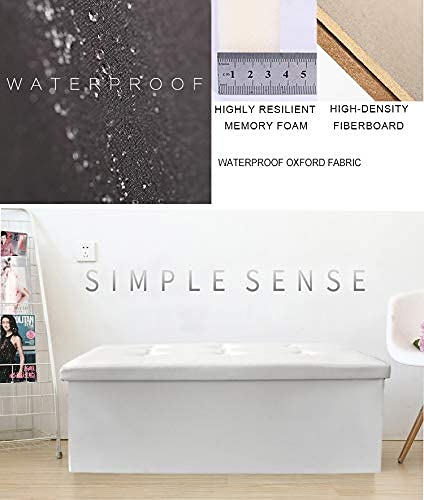 BRIAN & DANY Ottoman Footstools Folding Storage Box with Lid, Large Storage Seat Faux Leather Footstool Toy Storage Box, White, 76 x 38 x 38 cm