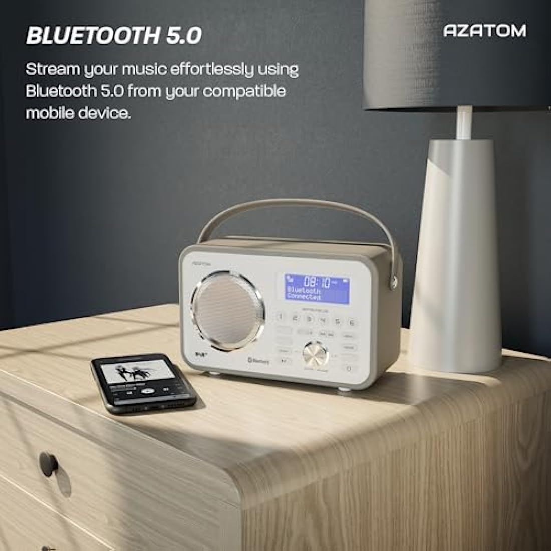 DAB/DAB+ & FM Portable Digital Radio | Leather Design | Bluetooth | Rechargeable Battery | Dual Alarms & Sleep Timer | Perfect for Home, Office or Outdoors | AZATOM Spitalfields 2 (Grey)