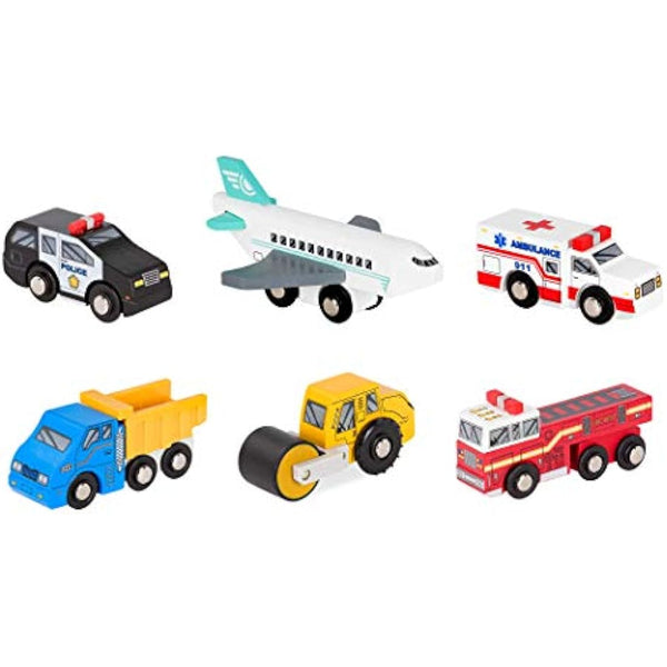 Battat – Miniature Toy Cars – 6 Pieces Wooden Minis – Classic Rescue & Construction Vehicles – Steamroller, Dump Truck – 3+ Years– Wooden Vehicles Set 2