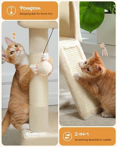 PETEPELA Cat Tree 77cm with Dual Condos for Indoor Cats, Small Cat Tower with Removable Perch and Scratching Posts Pad, Beige