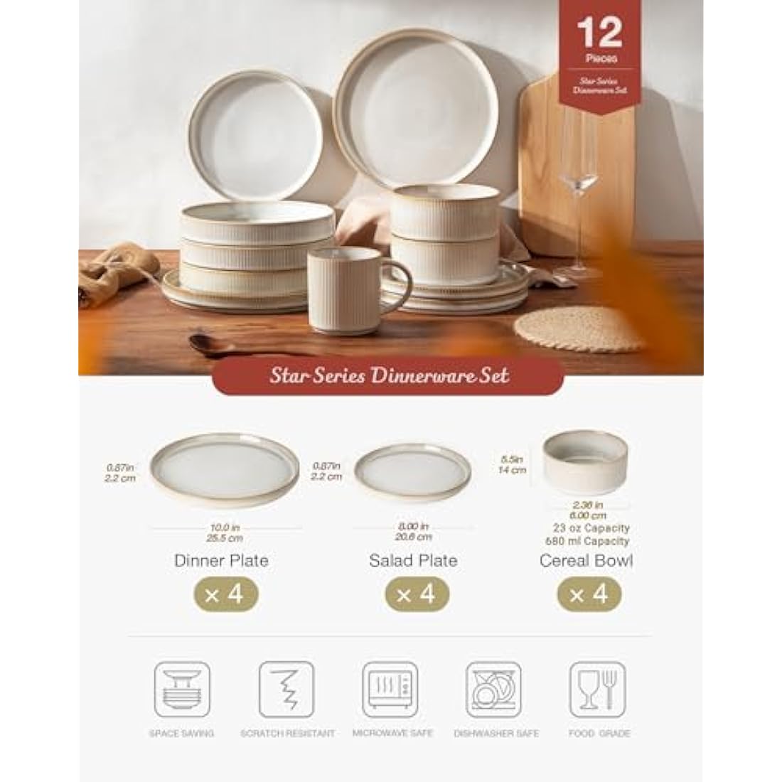 Richmount Star Plates and Bowls Set, 12 Pieces Dinner Set for 4, Stoneware Dinnerware Sets with Dinner Plates/Salad Plate/Cereal Bowls, Dishwasher & Microwave Safe, Cappuccino White
