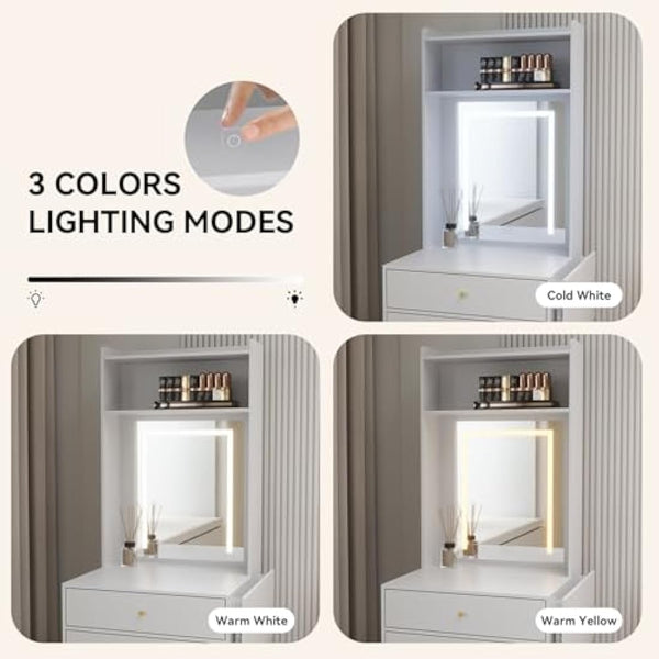 YOURLITE Dressing Table with LED Lights, Vanity Table with Adjustable Brightness Mirror, Makeup Desk with 2 Drawers and Open shelves, White Dressing Table with Fold-up Panel for Bedroom
