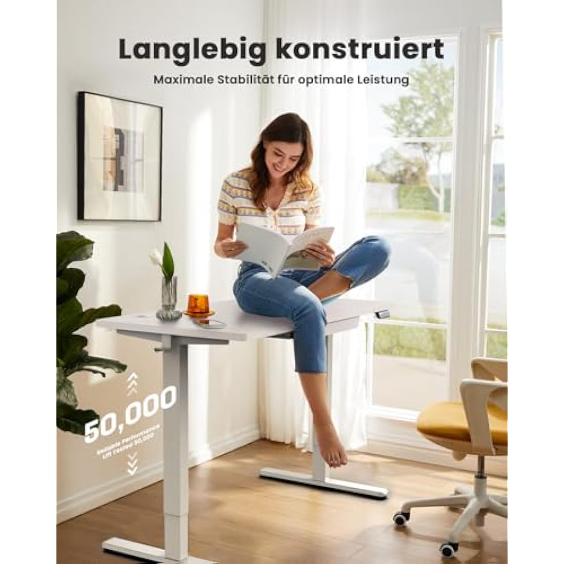 ErGear Electric Standing Desk 140 x 80 cm, Height Adjustable Desk, Sit Stand Table with Easy-Glide Drawer & 4 Memory Smart Pannal, T-Leg Design for Stability, Splice Board, White Frame & Surface