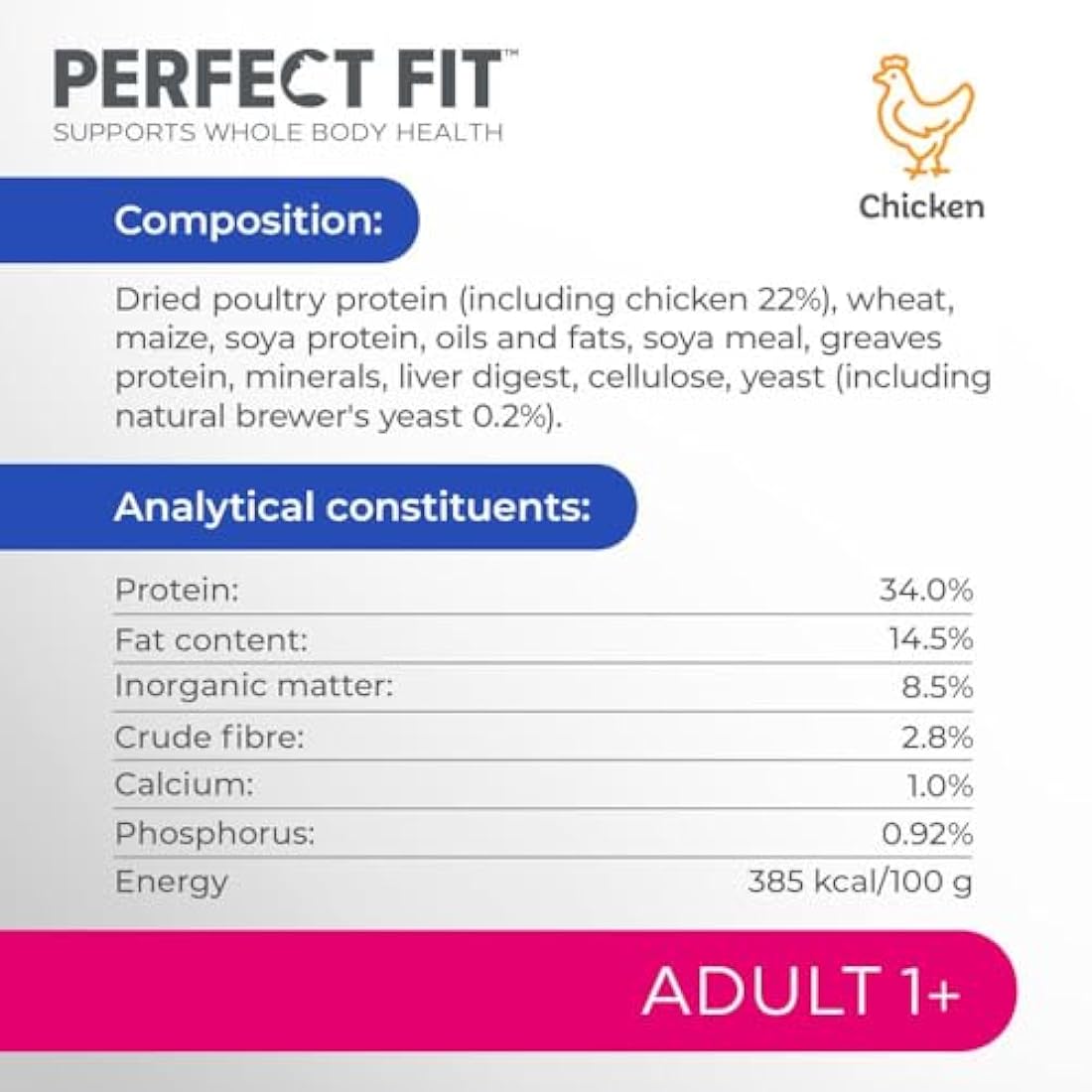 Perfect Fit Adult 1+ Complete Dry Cat Food for Adult Cats Aged 1+ Years, Rich in Chicken, 3 Bags (2.8 kg)
