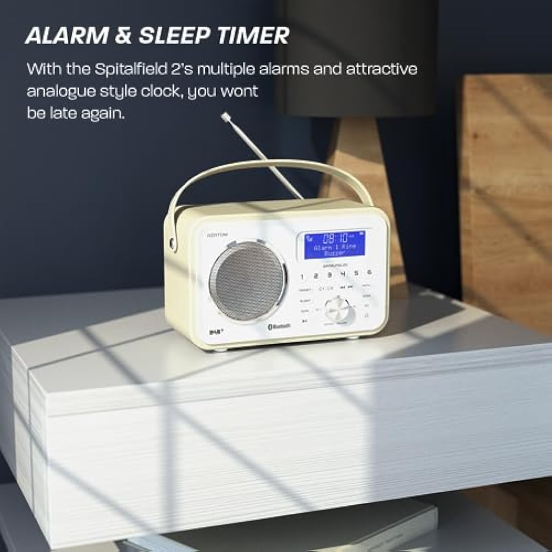 DAB/DAB+ & FM Portable Digital Radio | Leather Design | Bluetooth | Rechargeable Battery | Dual Alarms & Sleep Timer | Perfect for Home, Office or Outdoors | AZATOM Spitalfields 2 (White)
