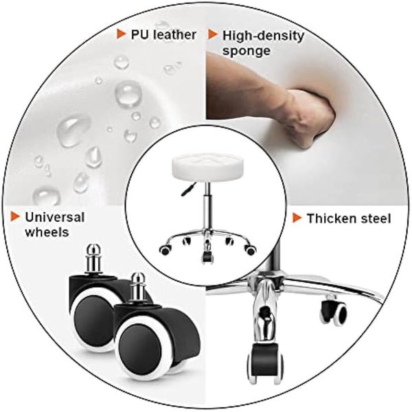KKTONER Round Rolling Stool Chair PU Leather Height Adjustable Shop Stool Swivel Drafting Work SPA Salon Stools with Wheels Office Chair (White)