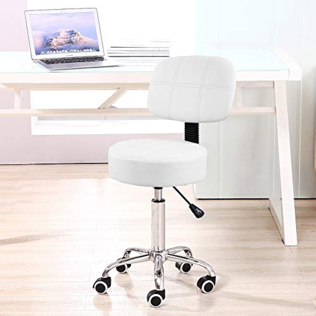 KKTONER Round Rolling Stool with Back PU Leather Height Adjustable Swivel Drafting Work SPA Salon Stools Chair with Wheels (White)