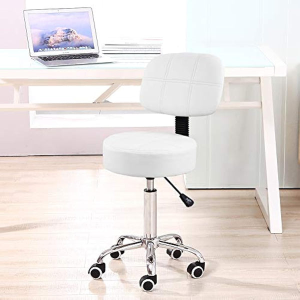 KKTONER Round Rolling Stool with Back PU Leather Height Adjustable Swivel Drafting Work SPA Salon Stools Chair with Wheels (White)