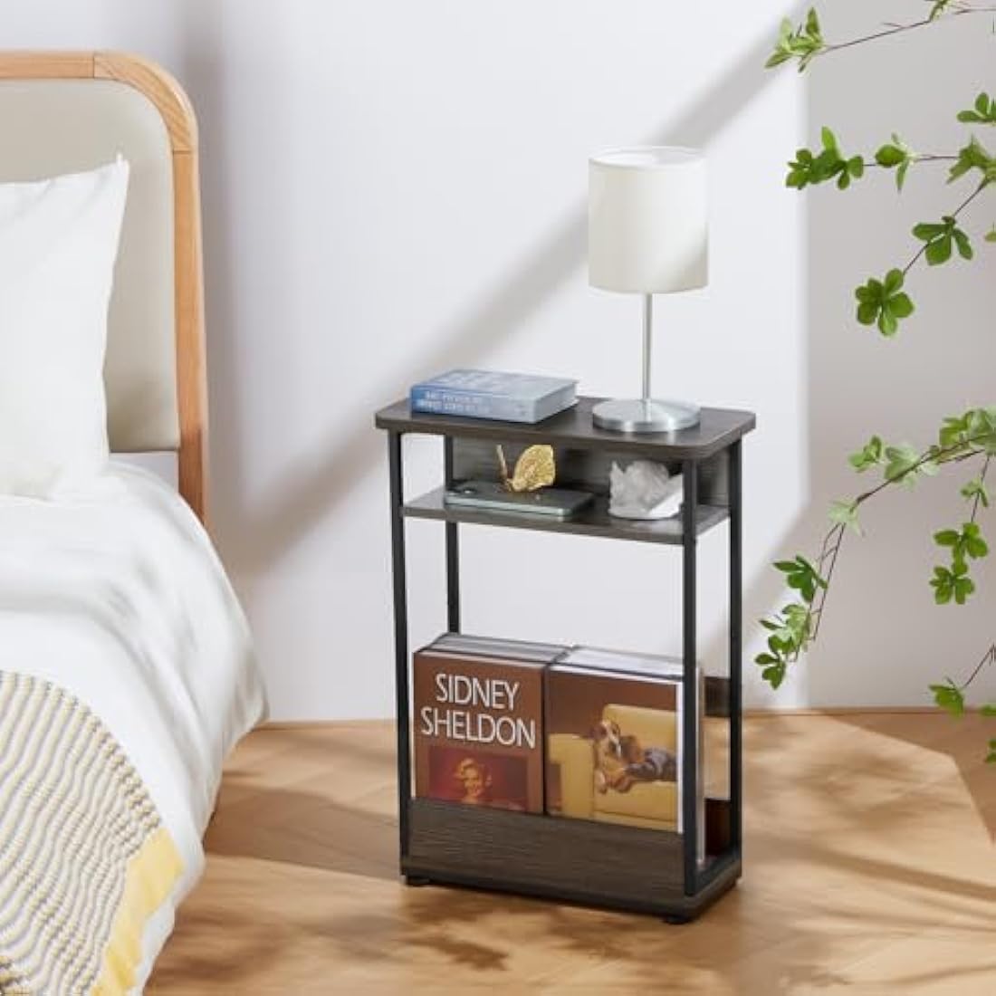YEAKOO Narrow Side Table for Narrow and Small Spaces, Skinny Bedside Table Small Nightstand with Magazine Rack Space Saving (Grey, M)