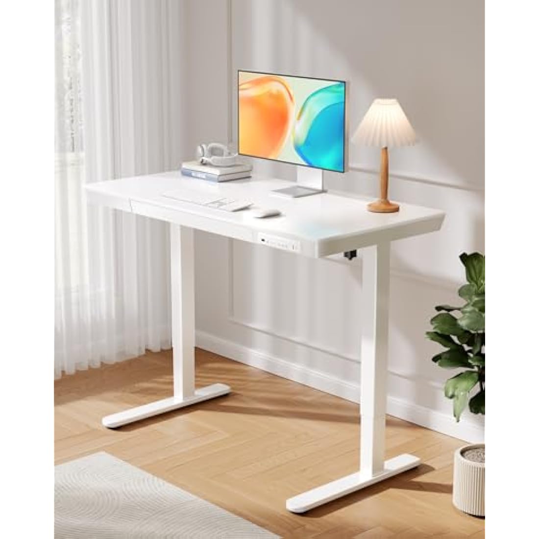 ErGear Electric Standing Desk, 120 x 60cm Height Adjustable Standing Desk with Drawer & 2 Charging Ports, 3 Memory Standing Up Desk for Home Office (White Top+White Frame)
