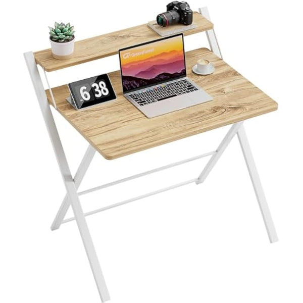 GreenForest Foldable Desk No Assembly Required,Small Desk with Monitor Shelf,Computer Desk for Small Space,Oak