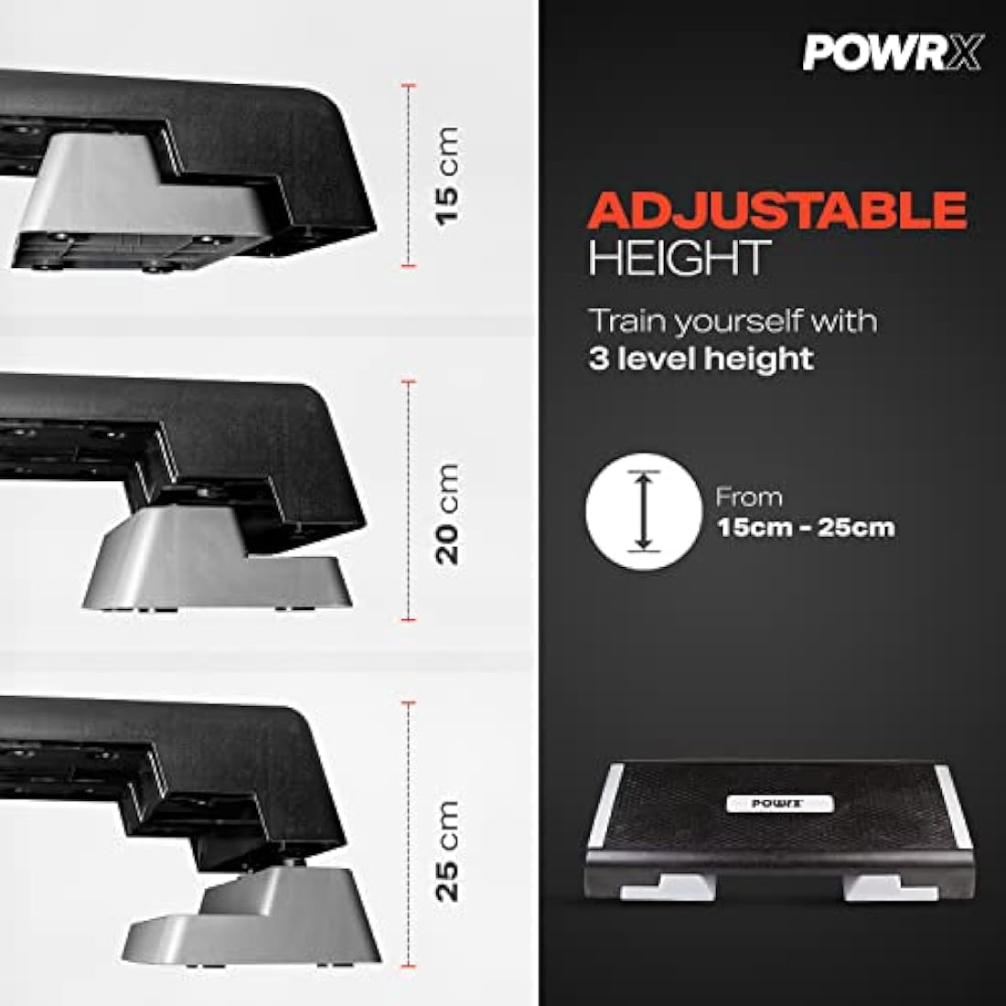 POWRX Professional Aerobic Step Board with Workout I Fitness Stepper Step Bench Height Adjustable I Dimensions: 89 x 34 cm I Height Adjustable up to 25 cm