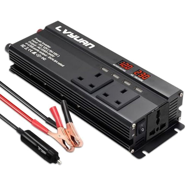 LVYUAN Power Inverter 1200/2500 W DC 12V to 240V AC Car Converter with 4 USB, 3 UK Sockets, Dual LED Display and Fan, Car Adapter, Black