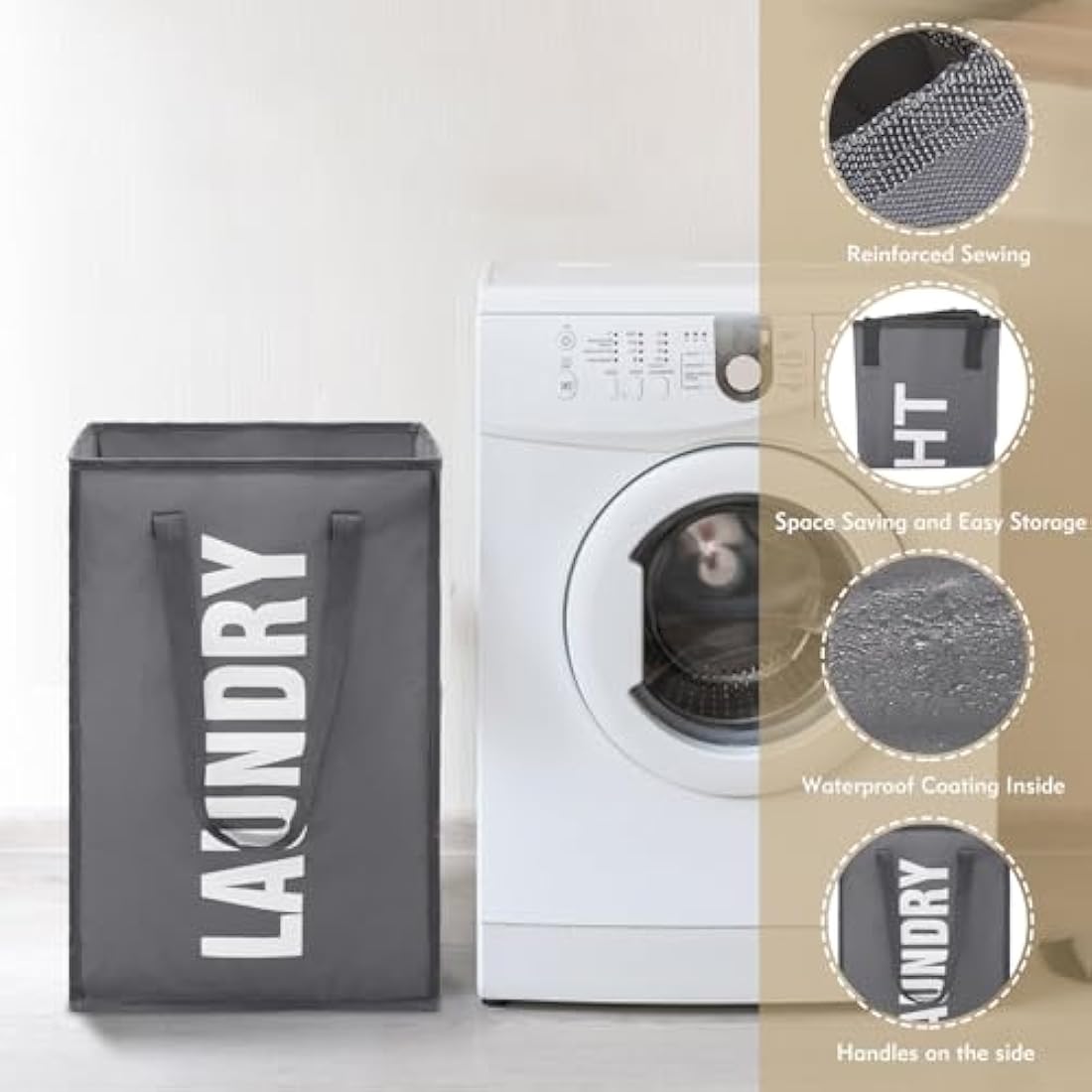 Maxsilan 50L Laundry Basket with Extended Handle, Collapisable Laundry Bag, Foldable Laundry Hamper, Folding Washing Storage Bin, Dark Grey