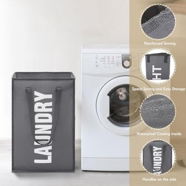 Maxsilan 50L Laundry Basket with Extended Handle, Collapisable Laundry Bag, Foldable Laundry Hamper, Folding Washing Storage Bin, Dark Grey