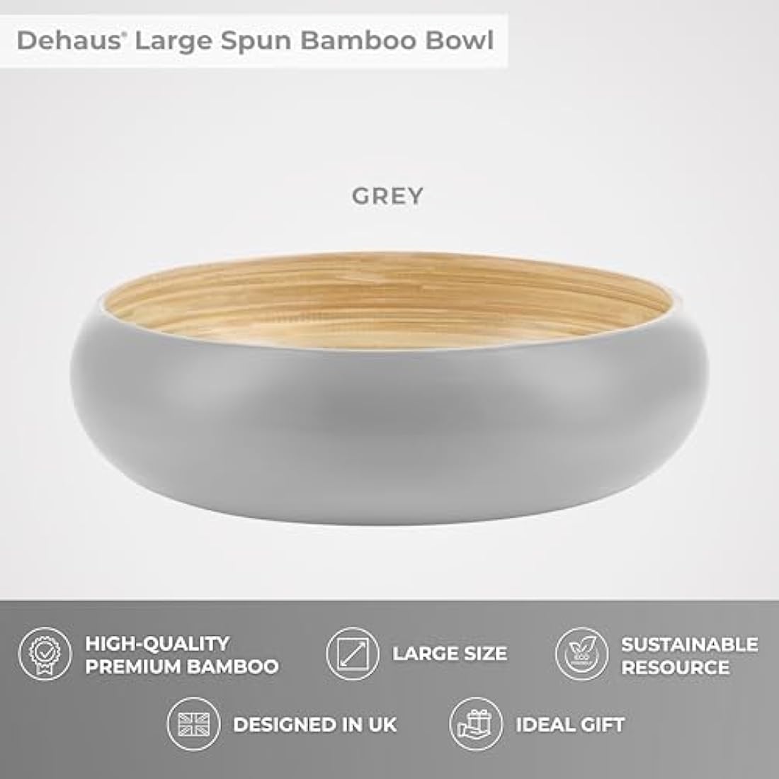Dehaus® Large Stylish Bamboo Fruit Bowl - 30cm, Grey - Wooden Salad Serving Bowl - Fruit Basket for Kitchen or Bread Basket - Table Centrepiece Decoration - Home & Kitchen Tableware Accessories