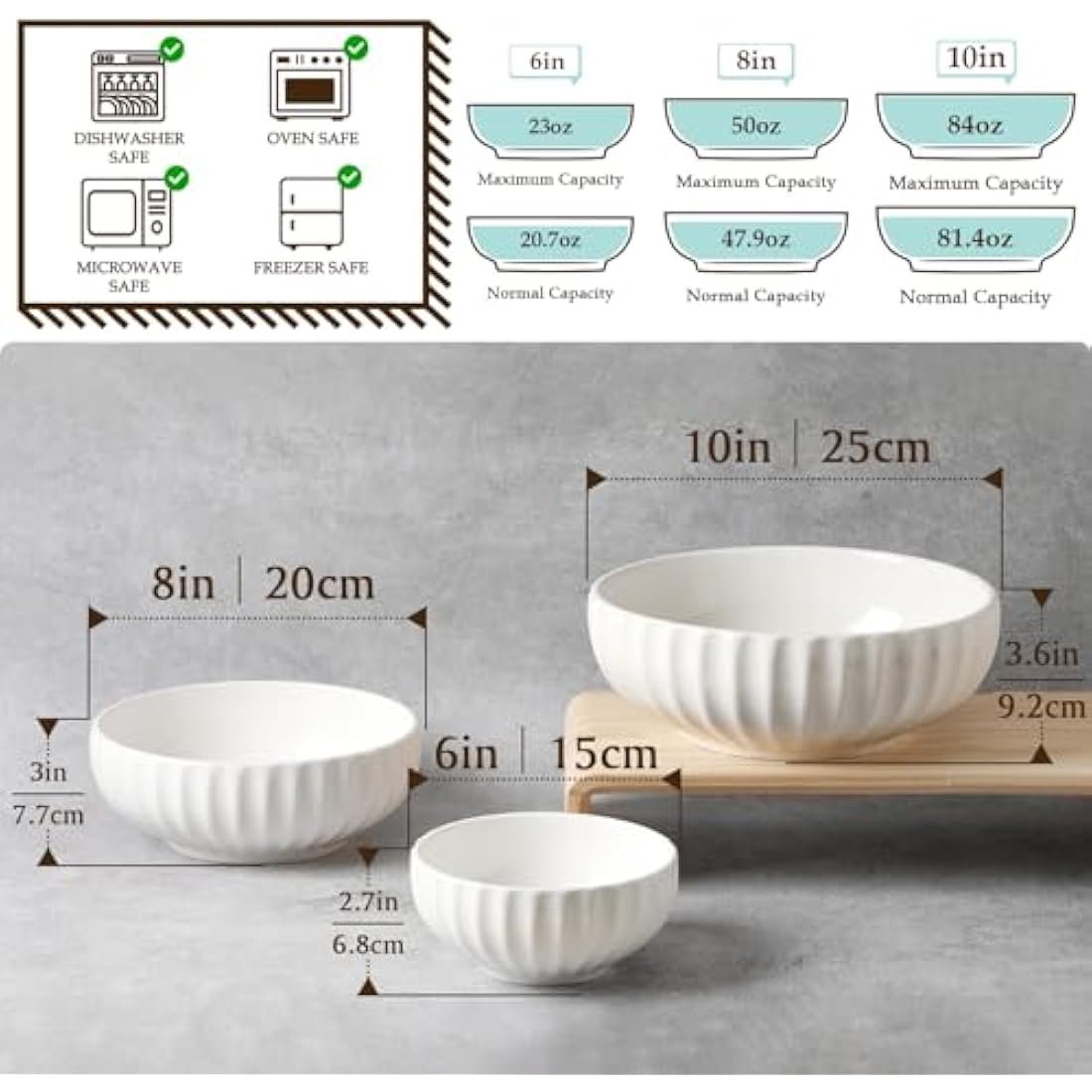 NUTRIUPS Large Serving Bowls, 2.5+1.5+0.7L, Set of 3 Nesting Bowls, 25+20+15cm Bowl for Salad Fruit Pasta