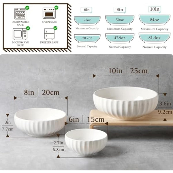 NUTRIUPS Large Serving Bowls, 2.5+1.5+0.7L, Set of 3 Nesting Bowls, 25+20+15cm Bowl for Salad Fruit Pasta