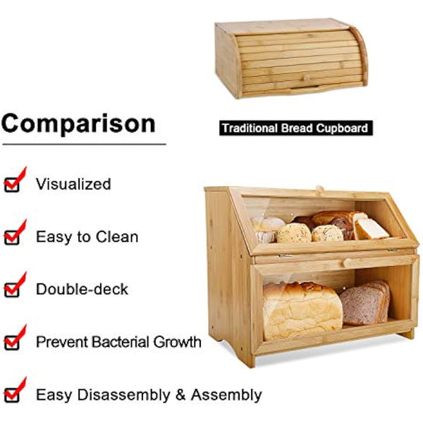 Leader Accessories Double Decker Bamboo Bread Bin 2-Layer Bread Box Large Capacity Bread Storage for Kitchen 15.3"x9.8"x12.6"