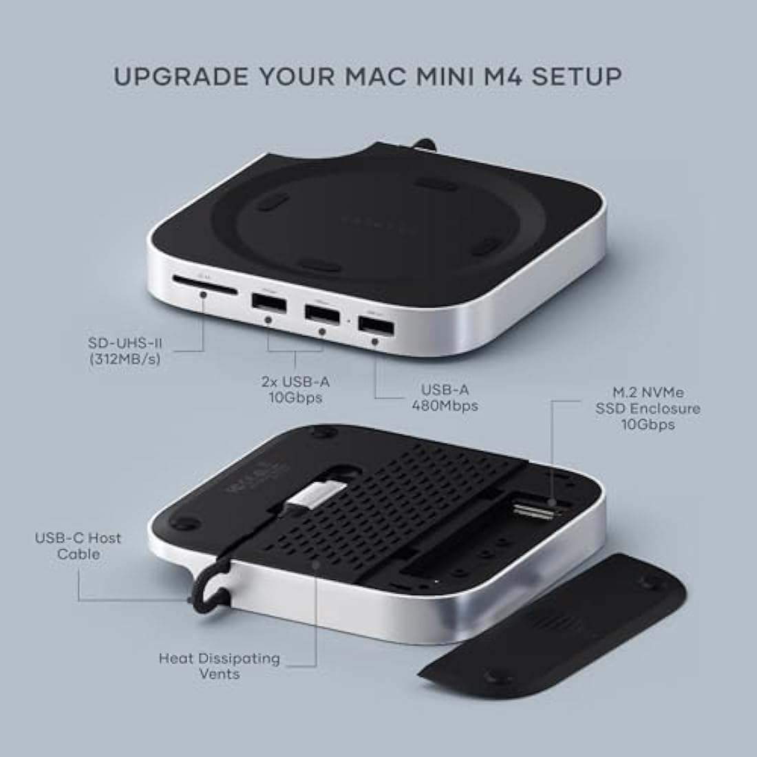 SATECHI Mac Mini M4 Hub & Stand with NVMe SSD Enclosure, Dock with 2 USB-A Up to 10Gbps Ports, USB-A Data Port, SD Card Reader for Mac Mini M4, M4 Pro - Silver