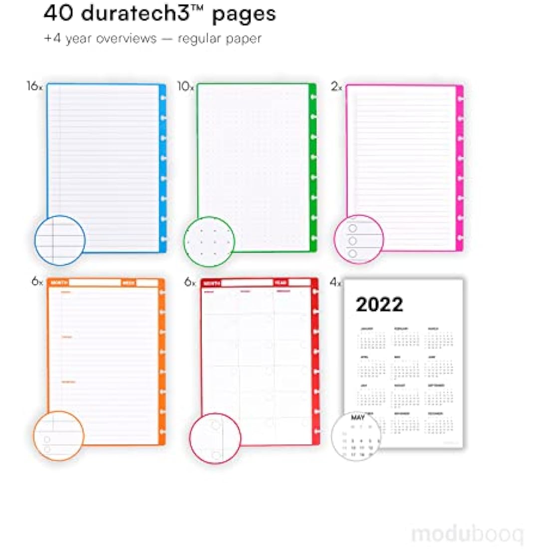 MODUBOOQ organizer, block - Modular Reusable Smart Notebook A5 - Notebook with Tabs & Discbound System - 40 modular pages with duratech3 technology - Washable and writes like paper