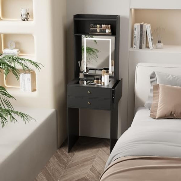 YOURLITE Dressing Table with LED Lights, Vanity Table with Adjustable Brightness Mirror, Glass Tabletop Makeup Desk with 2 Drawers & shelves, Small Compact Black Makeup Table with Fold-up Panel