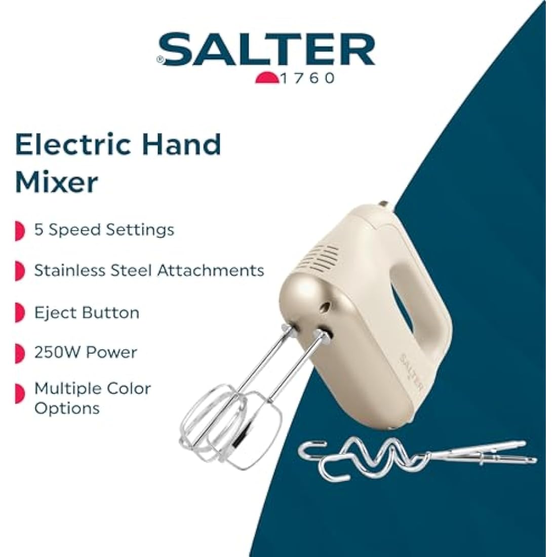 Salter Bakes Hand Mixer – Electric Whisk, 5 Speed Settings, Eject Button, Baking Kitchen Food Mixer, Stainless Steel Attachments - 2 Mixing Beaters, 2 Dough Hooks And Balloon Whisk, 250W