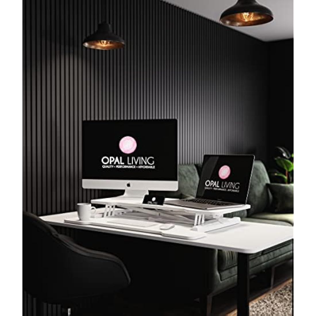 Opal Living Large 36" White Standing Desk Converter with Keyboard Raiser - Adjustable Sit to Stand Desk Stand