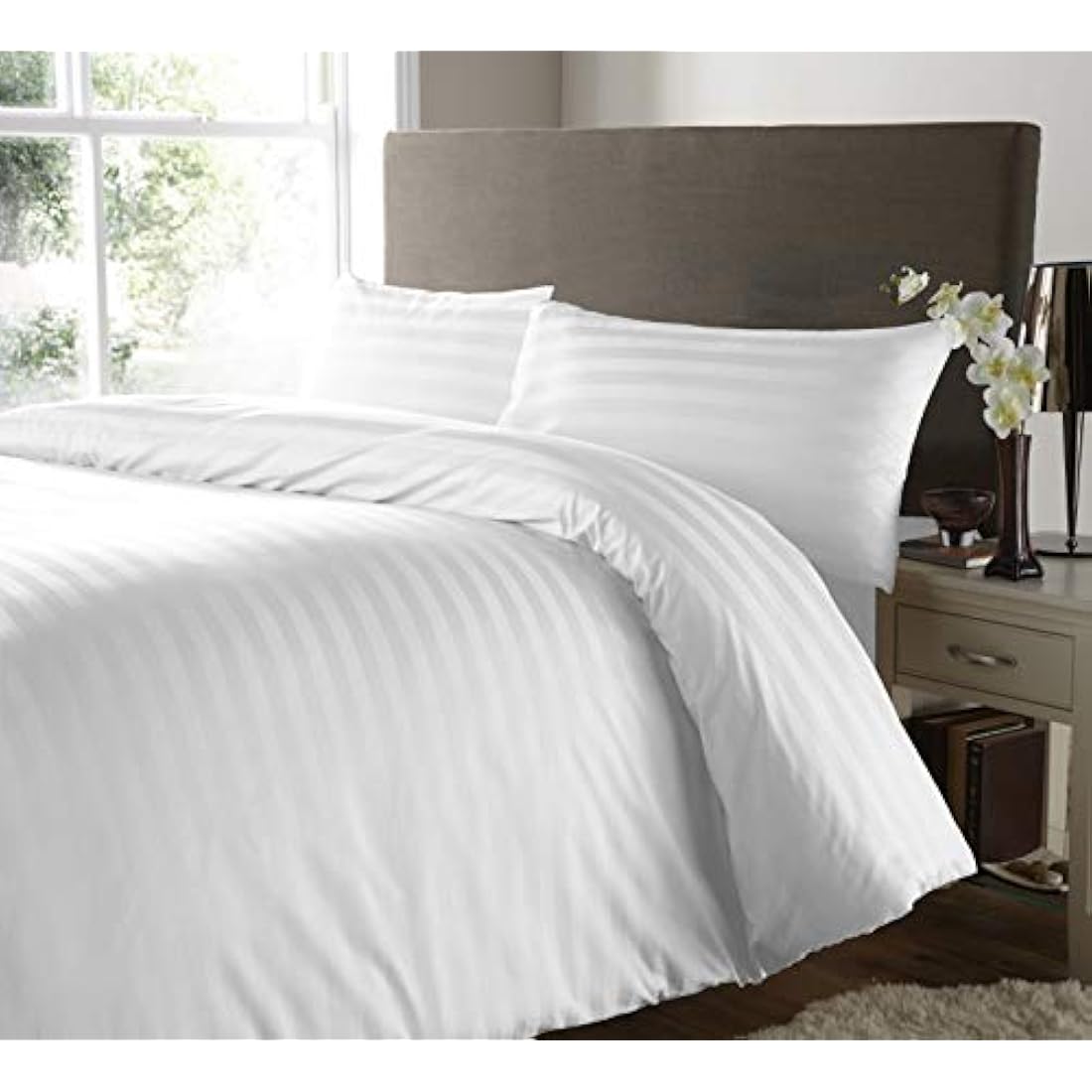 Hanfords Satin Stripe 400 Thread Count 100% Egyptian Cotton Duvet Cover Bedding Set Hotel Quality With Pillowcases 400TC (White, 3pcs, Double)