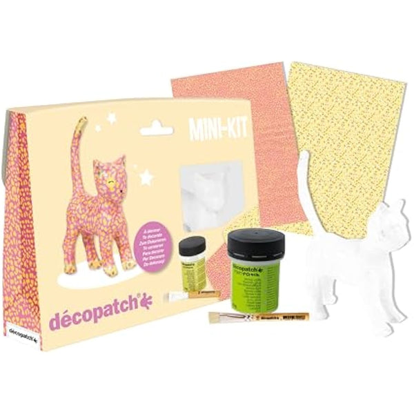 Décopatch - Ref KIT012O - Cat Mini Kit - Suitable for Children - Includes White Papier Mache Animal, 2 x Décopatch Sheets, Brush & Pot of PaperPatch Glue