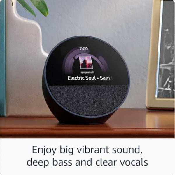 Echo Spot (2024 release), Smart alarm clock with vibrant sound + Alexa, Black