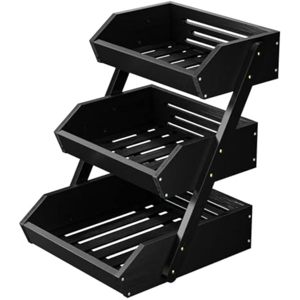 CALM COZY Bamboo Fruit Basket, 3-Tier Fruit Rack Holder Organiser for Countertop, Decorative Fruit Bowl Vegetables Bread Storage Stand for Kitchen, Black